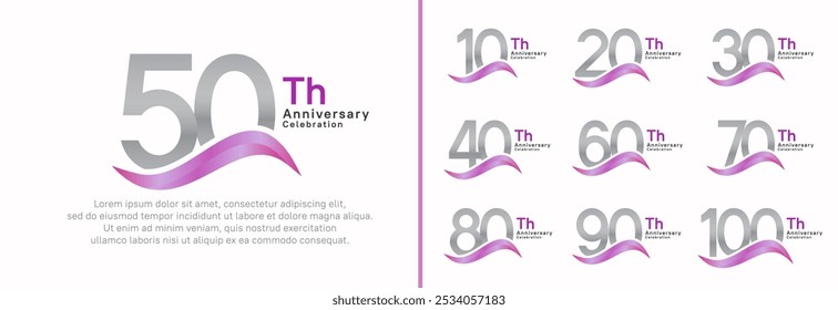 Conjunto de logotipo de aniversario. El número de color plateado de diseño de Vector se puede usar para un momento especial