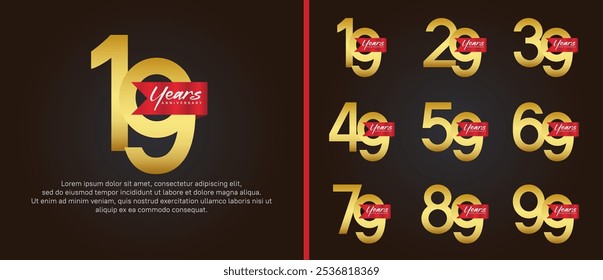 anniversary logotype set. vector design gold color with red ribbon can be use for celebration event