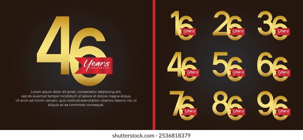 conjunto de logotipos de aniversário. cor de ouro design de vetor com fita vermelha pode ser usada para evento de celebração