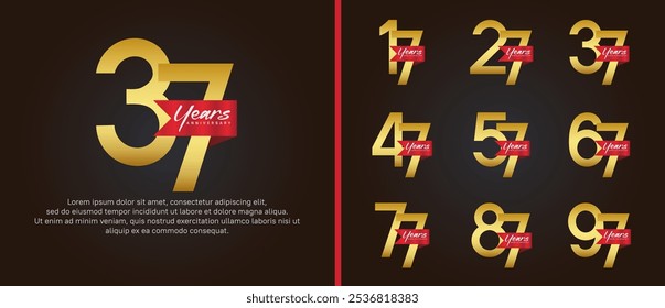 Conjunto de logotipo de aniversario. Diseño de Vector Color dorado con cinta roja se puede utilizar para el evento de celebración