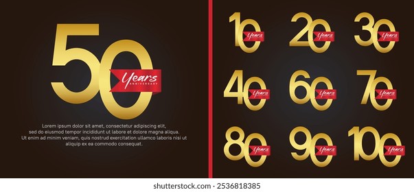 conjunto de logotipos de aniversário. cor de ouro design de vetor com fita vermelha pode ser usada para evento de celebração
