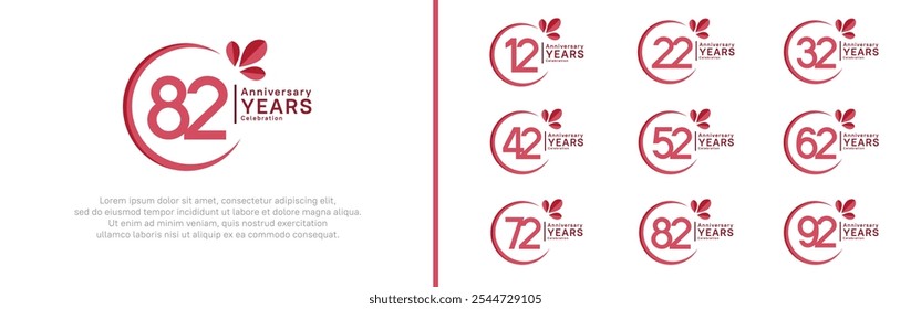 anniversary logotype set. vector design red color with ring and leaf for special moment
