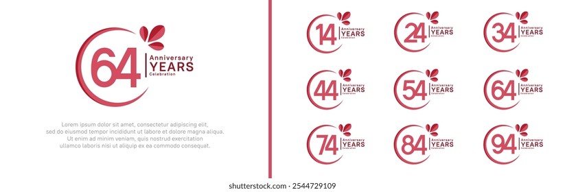 anniversary logotype set. vector design red color with ring and leaf for special moment
