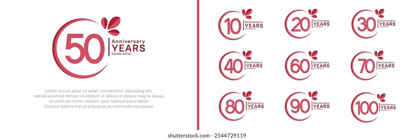 anniversary logotype set. vector design red color with ring and leaf for special moment