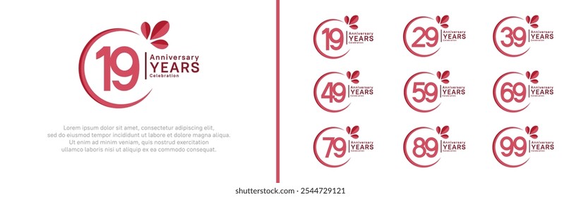 anniversary logotype set. vector design red color with ring and leaf for special moment