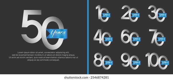 Jubiläums-Logo-Set. Vektordesign silberne Farbe mit blauem Band kann für Feierlichkeiten verwendet werden