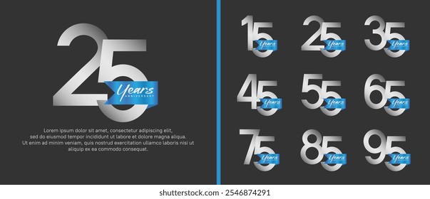 anniversary logotype set. vector design silver color with blue ribbon can be use for celebration event