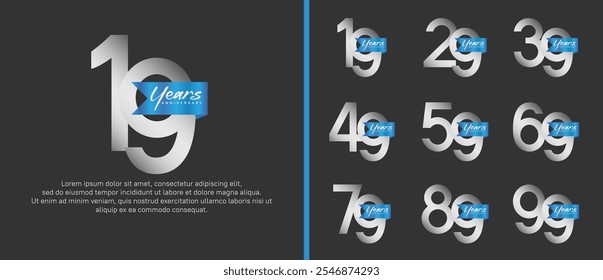 anniversary logotype set. vector design silver color with blue ribbon can be use for celebration event