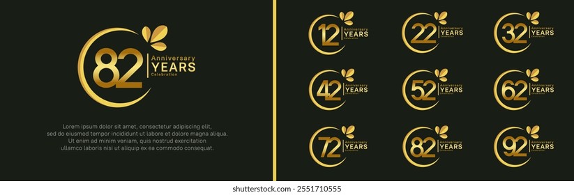 anniversary logotype set. vector design golden color with ring and leaf for special moment