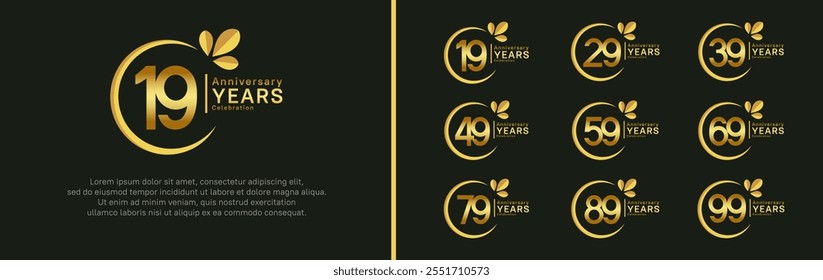 anniversary logotype set. vector design golden color with ring and leaf for special moment