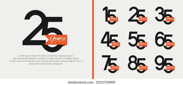 anniversary logotype set. vector design black color with orange ribbon can be use for celebration event