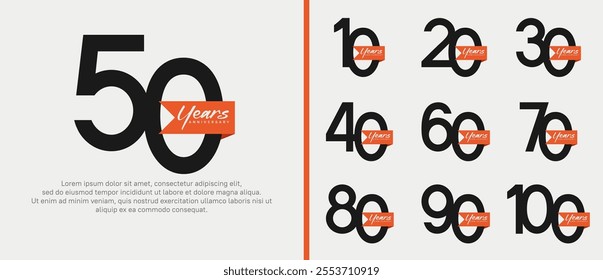 anniversary logotype set. vector design black color with orange ribbon can be use for celebration event