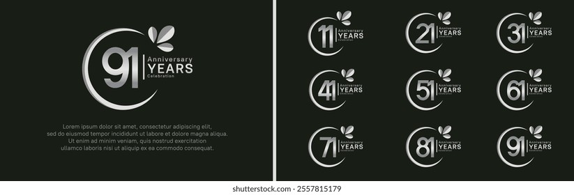 anniversary logotype set. vector design silver color with ring and leaf for special moment