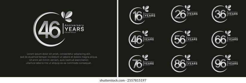 anniversary logotype set. vector design silver color with ring and leaf for special moment