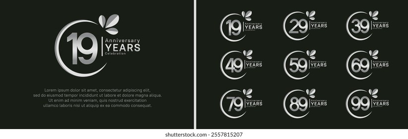 anniversary logotype set. vector design silver color with ring and leaf for special moment