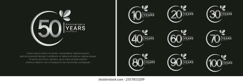 anniversary logotype set. vector design silver color with ring and leaf for special moment