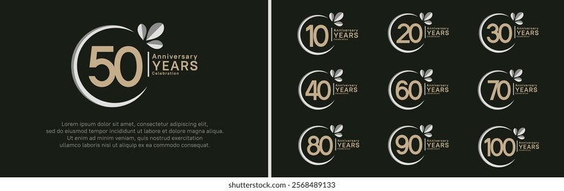 anniversary logotype set. vector design brown color with grey ring and leaf for special moment