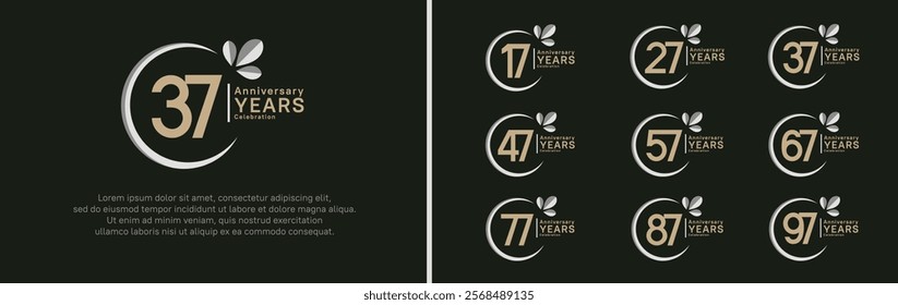 anniversary logotype set. vector design brown color with grey ring and leaf for special moment