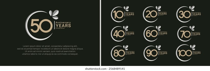 anniversary logotype set. vector design brown color with grey ring and leaf for special moment