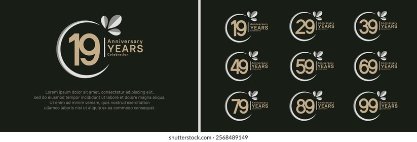 anniversary logotype set. vector design brown color with grey ring and leaf for special moment