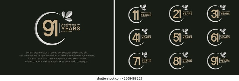 anniversary logotype set. vector design brown color with grey ring and leaf for special moment