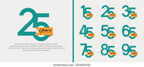 anniversary logotype set. vector design green color with orange ribbon can be use for celebration event