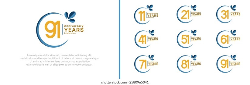 anniversary logotype set. vector design yellow color with blue ring and leaf for special moment