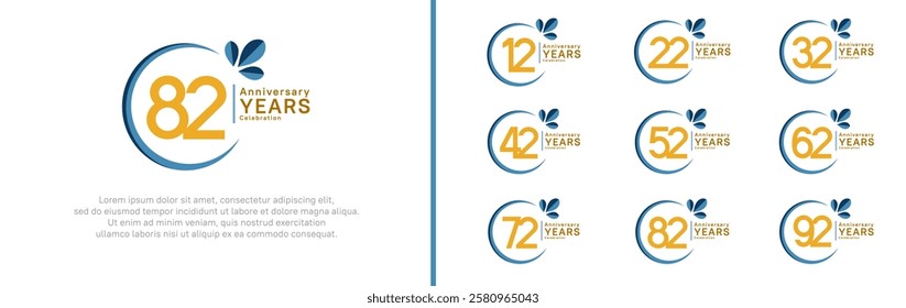 anniversary logotype set. vector design yellow color with blue ring and leaf for special moment