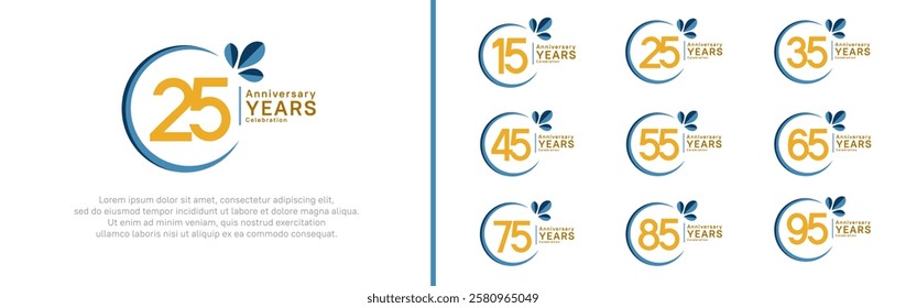 anniversary logotype set. vector design yellow color with blue ring and leaf for special moment