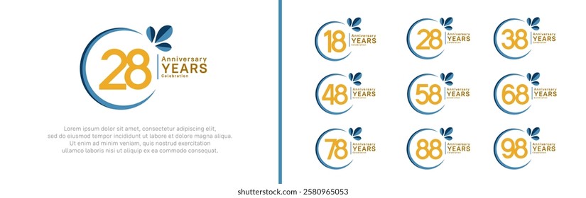 anniversary logotype set. vector design yellow color with blue ring and leaf for special moment