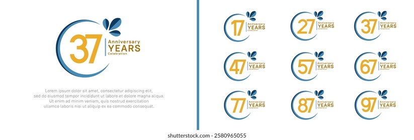 anniversary logotype set. vector design yellow color with blue ring and leaf for special moment