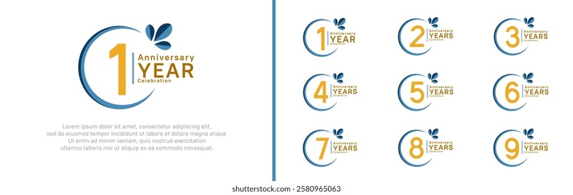 anniversary logotype set. vector design yellow color with blue ring and leaf for special moment