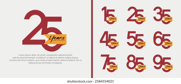 anniversary logotype set. vector design red color with orange ribbon can be use for celebration event