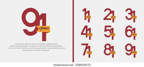 anniversary logotype set. vector design red color with orange ribbon can be use for celebration event