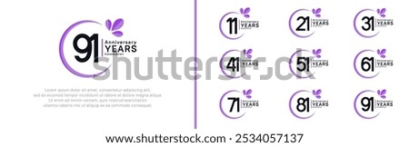 anniversary logotype set. vector design black color with purple ring and leaf for special moment