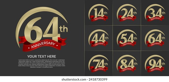 anniversary logotype set vector, gold color with red ribbon for special day celebration