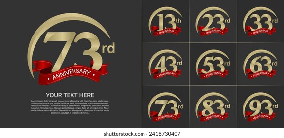 anniversary logotype set vector, gold color with red ribbon for special day celebration