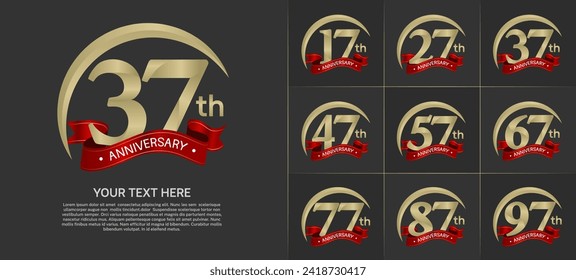 anniversary logotype set vector, gold color with red ribbon for special day celebration