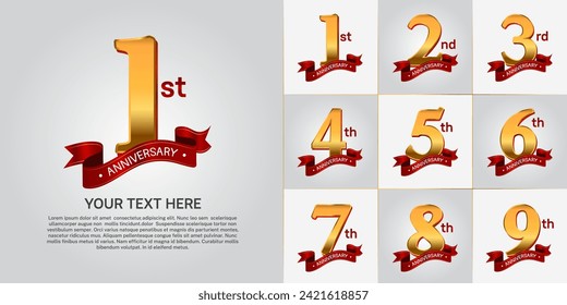 anniversary logotype set vector, gold color and red ribbon for special day celebration