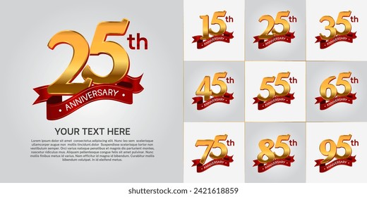 anniversary logotype set vector, gold color and red ribbon for special day celebration
