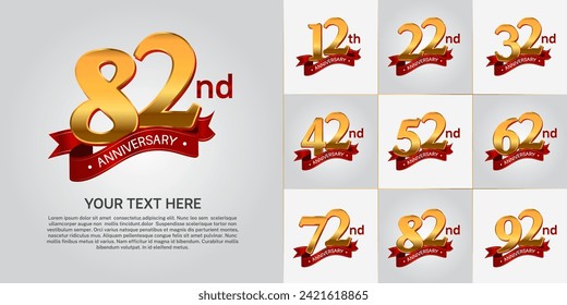 anniversary logotype set vector, gold color and red ribbon for special day celebration