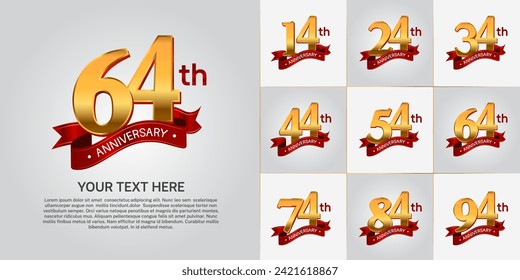 conjunto de logotipo de aniversario vector, color de oro y cinta roja para celebración de día especial