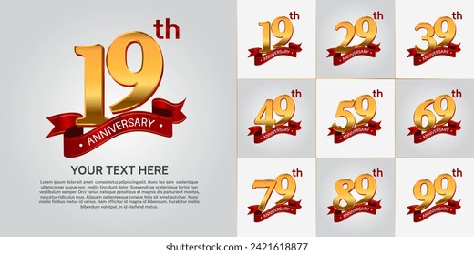anniversary logotype set vector, gold color and red ribbon for special day celebration