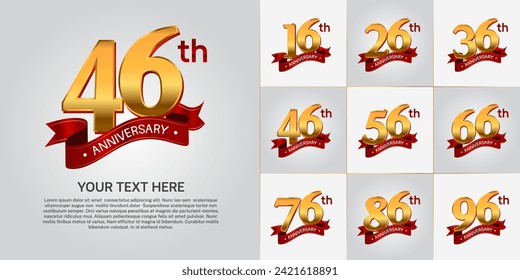 anniversary logotype set vector, gold color and red ribbon for special day celebration