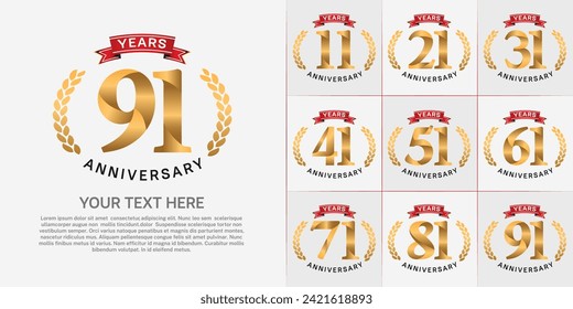 anniversary logotype set vector, gold color and red ribbon for special day celebration