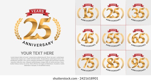 anniversary logotype set vector, gold color and red ribbon for special day celebration