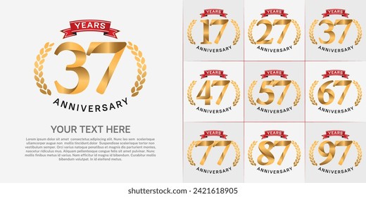 anniversary logotype set vector, gold color and red ribbon for special day celebration
