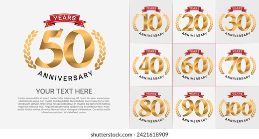 anniversary logotype set vector, gold color and red ribbon for special day celebration