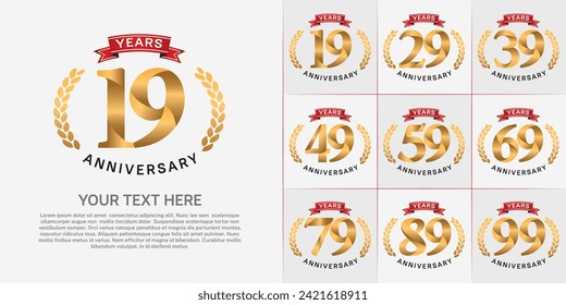 conjunto de logotipo de aniversario vector, color de oro y cinta roja para celebración de día especial