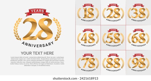 anniversary logotype set vector, gold color and red ribbon for special day celebration
